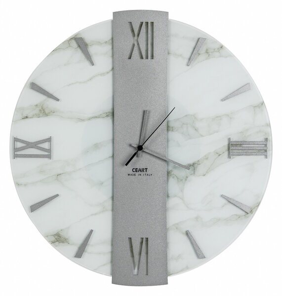 Orologio Da Muro 45 cm VEGA Struttura, Marmo Bianco SMALL Diametro 45 cm lancette in metallo numeri colore Grigio a rilievo lastra centrale grigio alluminio 