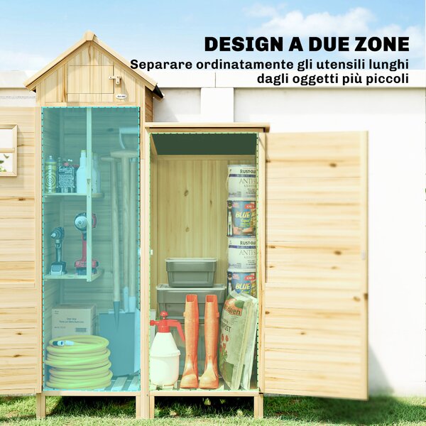 Outsunny Capanno per Attrezzi a 2 Zone con Ripiani Regolabili e Finestra, in Legno di Abete, 106x57x167 cm, Color Legno | Aosom Italy
