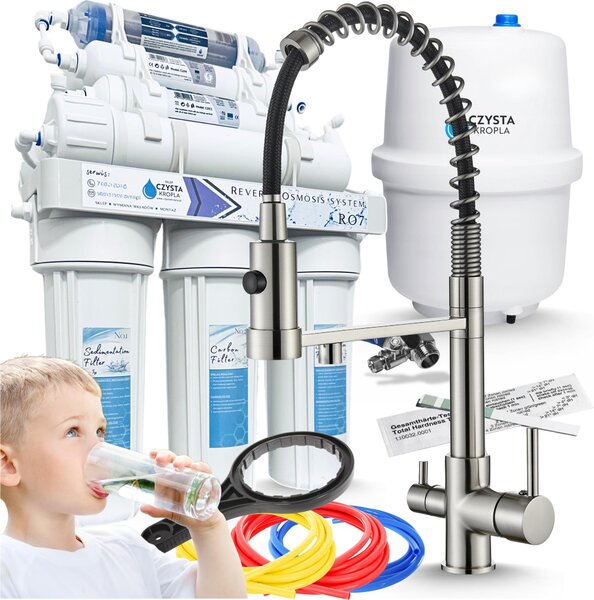 Rubinetto da cucina Ari Solid Spring, miscelatore cucina acciaio inox a due vie con doccetta estraibile, girevole, per filtro acqua