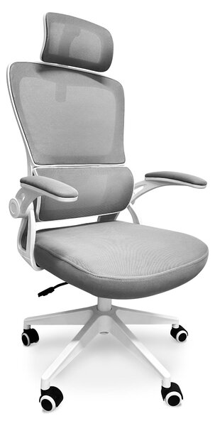Lyn - Sedia da uffico ergonomica ad altezza regolabile, dotata di poggiatesta, imbottitura lombare e ruote girevoli - colore bianco e grigio