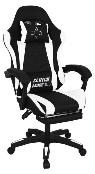 Clutch - Sedia da Gaming Ergonomica con Cuscino Lombare Poggiatesta e Poggiapiedi in PVC Nera e Bianca