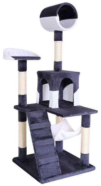 Tiragraffi lionto, elegante albero per gatti da 133 cm con copertura in peluche, robusti pali in sisal e versatili aree di riposo, grigio/bianco