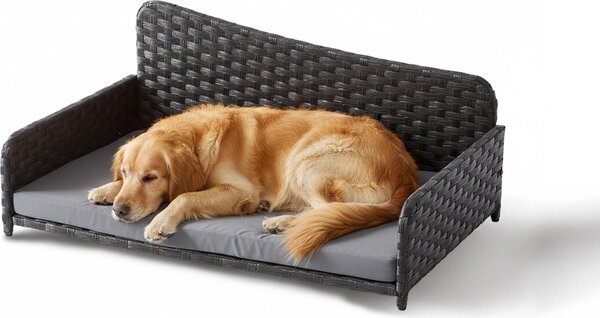 Relaxdays Lettino per cani in rattan, XL, DxLxA: 38x87x49 cm, lettino rialzato con cuscino, divanetto per cani, per interni ed esterni, grigio