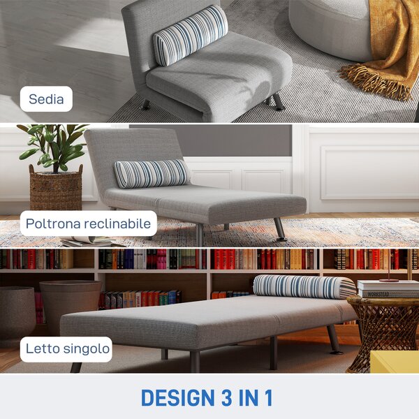 HOMCOM Poltrona Letto Singolo Salvaspazio in Lino Reclinabile in Posizioni Senza Braccioli con Cuscino e Rivestimento Sfoderabile, Grigio|Aosom