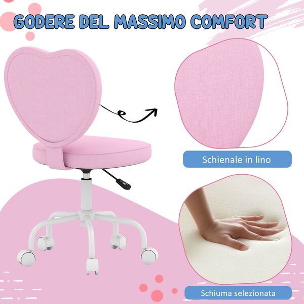 HOMCOM Sedia da Scrivania con Rotelle a Forma di Cuore, Altezza Regolabile, Senza Braccioli, Rosa|Aosom