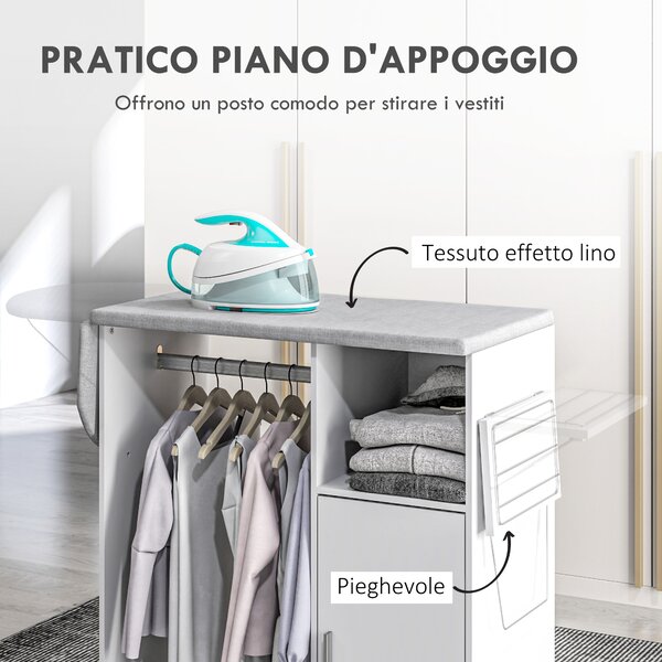 HOMCOM Mobile Asse da Stiro con Piano d'Appoggio, 3 Ripiani a Cubo e Guida, 127x42.5x99 cm, Bianco|Aosom