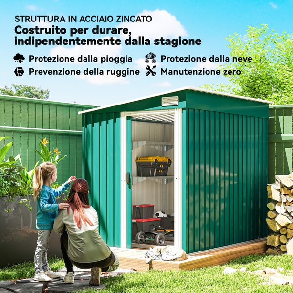 Outsunny Casetta da Giardino con Base, Porta Scorrevole e Tetto Inclinato, Capanno Attrezzi in Metallo, 1.5x2m, Verde | Aosom Ital