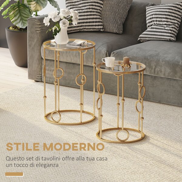 Homcom Set 2 Pezzi Tavolini da Caffè Design con Motivi a Cerchio in Metallo e Vetro Temperato|Aosom