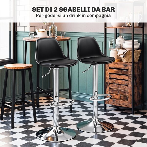 HOMCOM Set 2 Sgabelli da Bar con Schienale e Poggiapiedi, in PP, Pelle PU e Acciaio, 38x42x82-104 cm, Nero | Aosom Italy