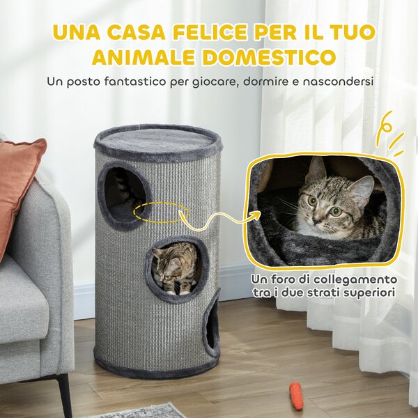 PawHut Cuccia per Gatti a 3 Livelli con Tiragraffi in Sisal e Peluche, Ø38x70cm, Grigio | Aosom Italy