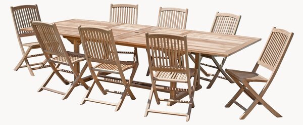 Set da pranzo da giardino in legno di teak con foro per ombrellone Fun, set da 9