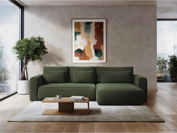 Divano angolare beige allungabile/con contenitore (con penisola a destra/con chaise lounge) con rivestimento in velluto Kapua – Makamii