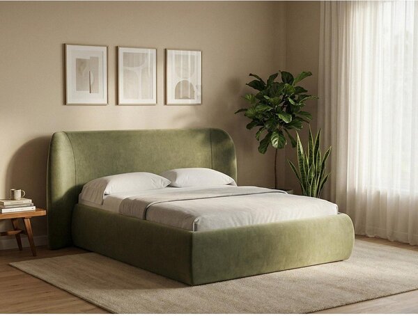 Letto matrimoniale imbottito crema con contenitore con griglia 140x200 cm Hauke - Makamii