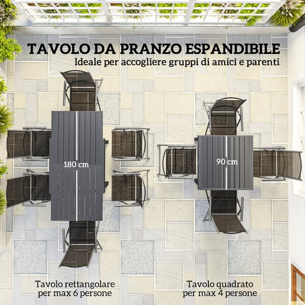 Outsunny Set da Giardino 7 Pezzi con 6 Sedie Pieghevoli e Tavolo Allungabile, in Acciaio, Alluminio e Rete Grigio e Nero
