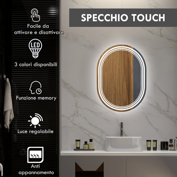 Kleankin Specchio Bagno con Luce LED a 3 Temperature, Controlli Touch e Antiappannamento, 80x60cm|Aosom