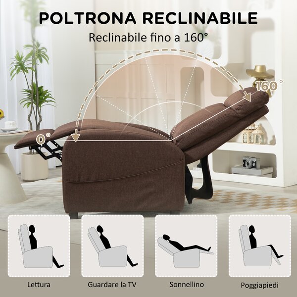 HOMCOM Poltrona Relax Reclinabile con Poggiapiedi in Tessuto Effetto Lino, 69x85x100 cm, Marrone