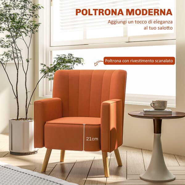 HOMCOM Poltrona d'Arredo Moderna con Schienale Inclinato, in Tessuto Effetto Velluto, 70x76x92 cm, Marrone