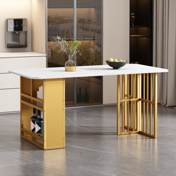 Set da Pranzo Contemporaneo con Tavolo e 6 Sedie Moderne in Truciolato e Acciaio, Bianco+Oro