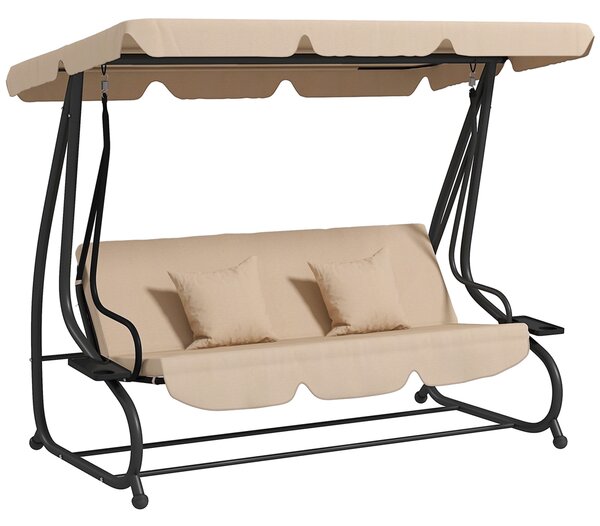 Outsunny Dondolo Letto da Giardino 3 Posti con Portabicchieri, Cuscini e Tetto Regolabile, 200x120x164 cm, Marrone Chiaro | Aosom Italy