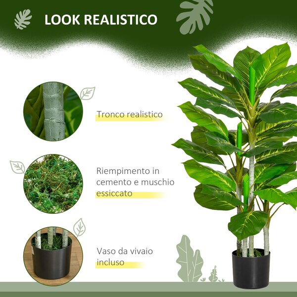 HOMCOM Pianta Verde Artificiale da 95 cm e 33 Foglie con Vaso Nero Ø15x13 cm, in PEVA, PE e Cemento|Aosom