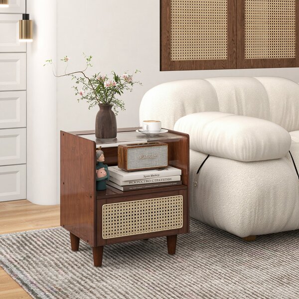 Costway Comodino in bambù e rattan con cassetto e gambe in legno massello, Tavolino da salotto boho 43x35x50cm Marrone 1 Pezzo