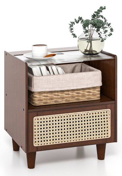 Costway Comodino in bambù e rattan con cassetto e gambe in legno massello, Tavolino da salotto boho 43x35x50cm Marrone 1 Pezzo
