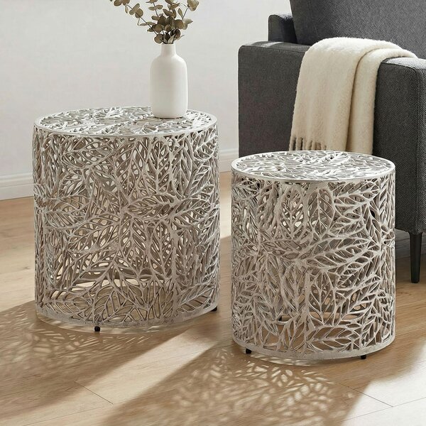 WOHNLING Set di 2 tavolini rotondi in alluminio con motivo decorativo a foglie Tavolino moderno Tavolino da salotto Tavolino da caffè Set di tavolini da salotto di design