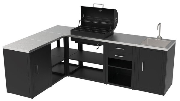 Composizione 6 Moduli Cucina BBQ + Armadietto con Cassetti + Mobile Lavandino + Armadietto con Anta + Unità d'Angolo x 2 Top in Acciaio Inox Nero