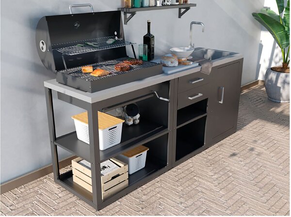 Composizione 3 Moduli Cucina BBQ + Armadietto con Anta + Mobile Lavandino Top in Acciaio Inox Nero