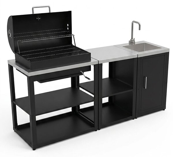 Composizione 3 Moduli Cucina BBQ + Unità d'Angolo Mobile Lavandino Top in Acciaio Inox Nero