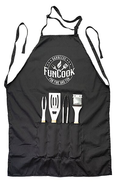 Set 5 Acessori Posate per Barbecue Forchettone Pinza Spatola e Grembiule in Acciaio Inox con Manico in Legno