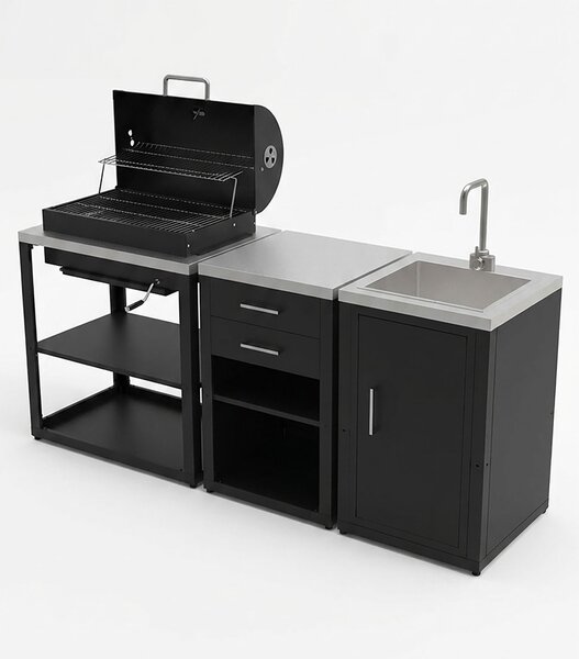 Composizione 3 Moduli Cucina BBQ + Armadietto con Cassetti + Mobile Lavandino Top in Acciaio Inox Nero