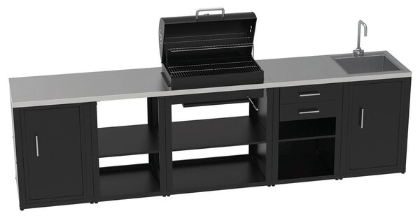 Composizione 5 Moduli Cucina BBQ + Armadietto con Cassetti + Mobile Lavandino + Armadietto con Anta + Unità d'Angolo Top in Acciaio Inox Nero