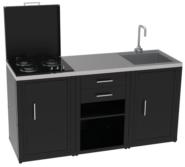 Composizione 3 Moduli Cucina Cucina 3 Fuochi a Gas + Armadietto con Cassetti + Mobile Lavandino Top in Acciaio Inox Nero