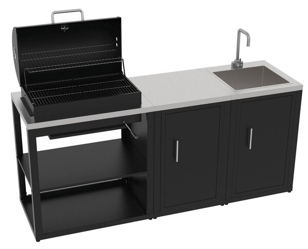 Composizione 3 Moduli Cucina BBQ + Armadietto con Anta + Mobile Lavandino Top in Acciaio Inox Nero