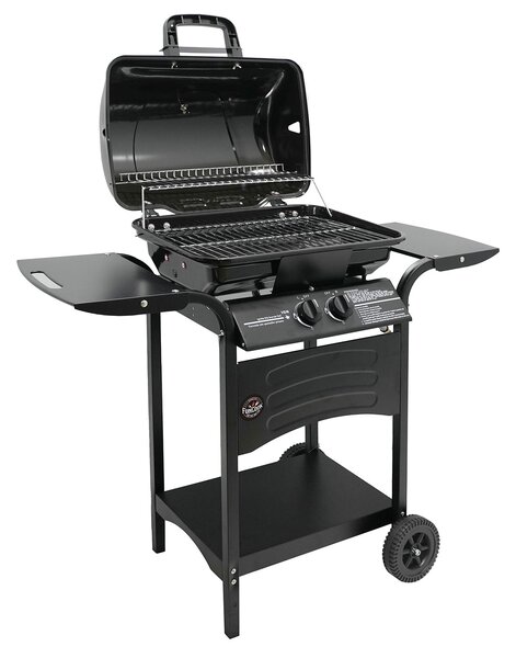 Barbecue a Gas Gustavo 109,5x56x101,5 cm a 2 Fuochi con Griglia in Acciaio Inox e Coperchio Nero