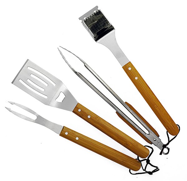 Set 5 Acessori Posate per Barbecue Forchettone Pinza Spatola e Grembiule in Acciaio Inox con Manico in Legno