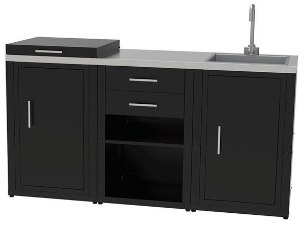 Composizione 3 Moduli Cucina Cucina 3 Fuochi a Gas + Armadietto con Cassetti + Mobile Lavandino Top in Acciaio Inox Nero