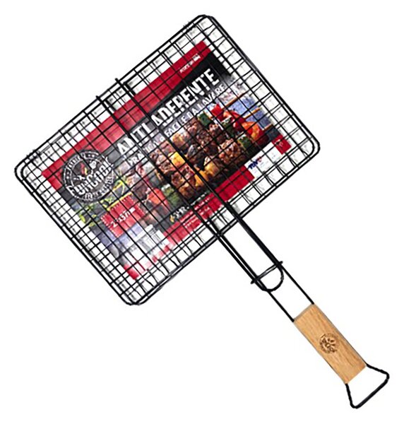 Griglia Doppia per Barbecue 27x37 cm Senza Piedini con Rivestimento Antiaderente e Manico in Legno