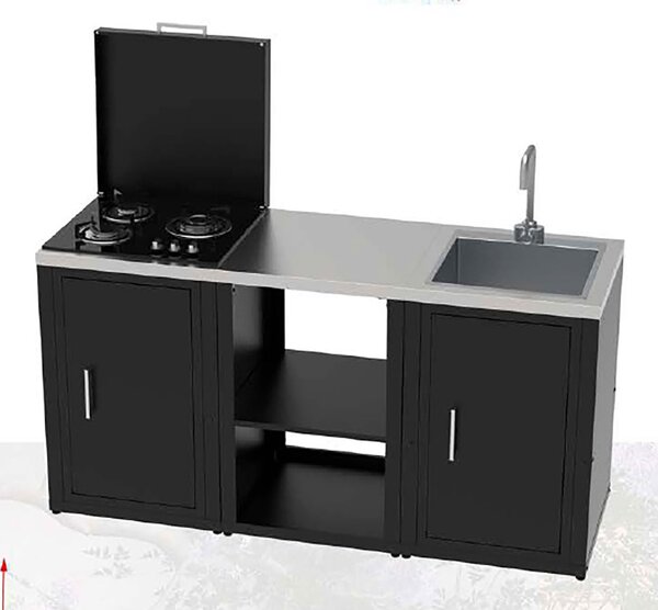Composizione 3 Moduli Cucina Cucina 3 Fuochi a Gas + Unità d'Angolo + Mobile Lavandino Top in Acciaio Inox Nero