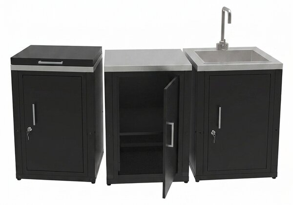 Composizione 3 Moduli Cucina Cucina 3 Fuochi a Gas + Armadietto con Anta + Mobile Lavandino Top in Acciaio Inox Nero