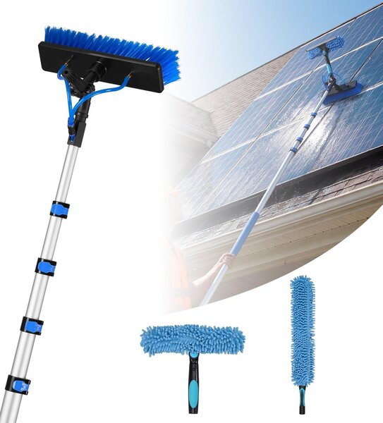 Spazzola per la pulizia di pannelli solari e impianti fotovoltaici - Kit di pulizia telescopico - Telescopio in alluminio estensibile da 1,8 a 7,3 metri - Tubo da giardino da 20 metri - Spazzola rotante a 180° - Raschietto e dispenser per sapone