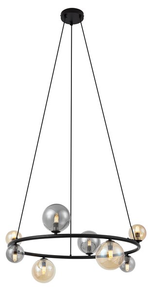 Lampada a sospensione nera con vetro fumé e ambrato rotonda a 8 luci - Monaco