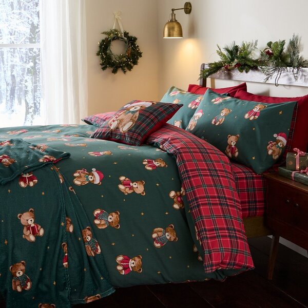 Set copripiumino e federa rosso/verde scuro per letto matrimoniale 200x200 cm Christmas Tartan Teddy Bear – Catherine Lansfield