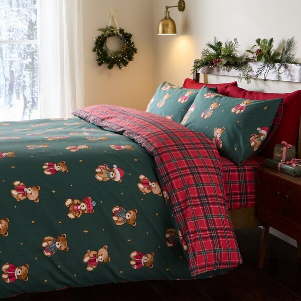 Set copripiumino e federa rosso/verde scuro per letto matrimoniale 200x200 cm Christmas Tartan Teddy Bear – Catherine Lansfield