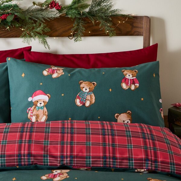 Set copripiumino e federa rosso/verde scuro per letto matrimoniale 200x200 cm Christmas Tartan Teddy Bear – Catherine Lansfield