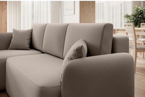 Divano angolare beige allungabile/con contenitore (con penisola a sinistra/con chaise lounge) e rivestimento in velluto Hadson – ELTAP