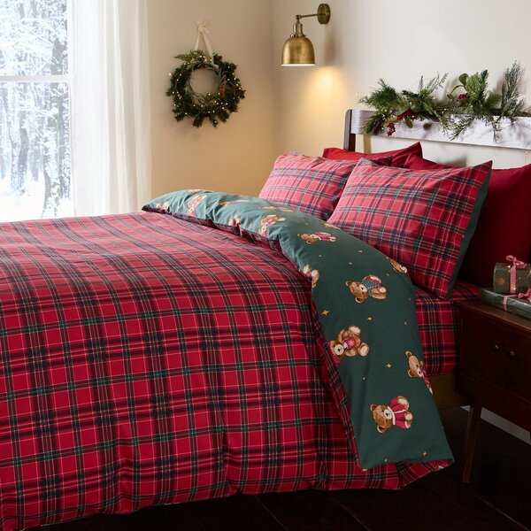 Set copripiumino e federa rosso/verde scuro per letto matrimoniale 200x200 cm Christmas Tartan Teddy Bear – Catherine Lansfield