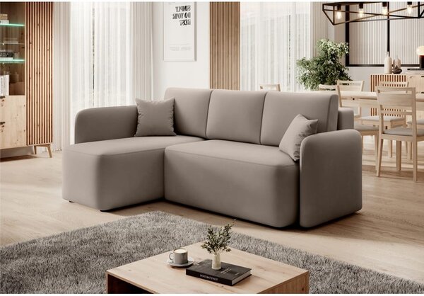 Divano angolare beige allungabile/con contenitore (con penisola a sinistra/con chaise lounge) e rivestimento in velluto Hadson – ELTAP