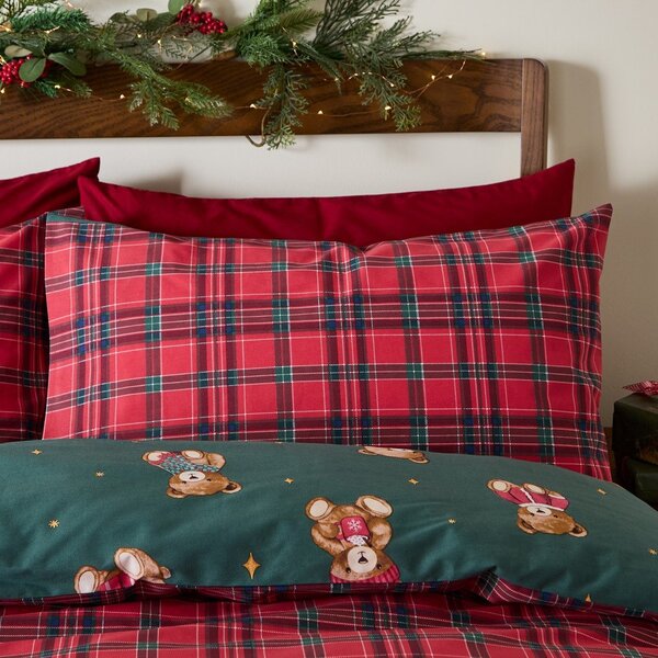 Set copripiumino e federa rosso/verde scuro per letto matrimoniale 200x200 cm Christmas Tartan Teddy Bear – Catherine Lansfield